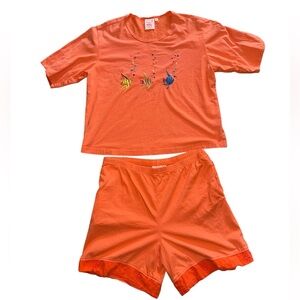 Vintage Johnny Was T-Shirt Orange Embroidered Colorful Fish Two Piece Set (M)
